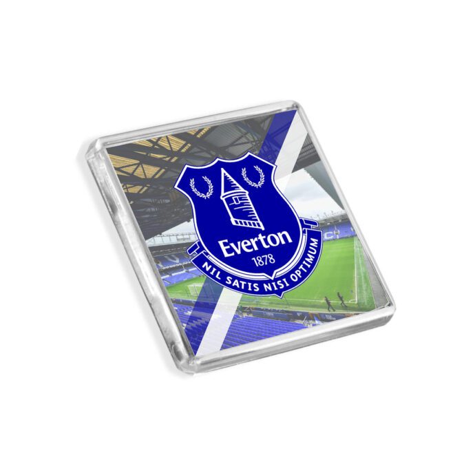 Plastic Everton fridge magnet on a white background