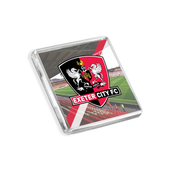 Plastic Exeter City fridge magnet on a white background