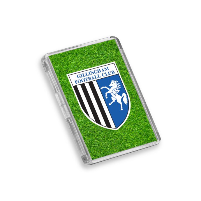 Plastic Gillingham fridge magnet on a white background