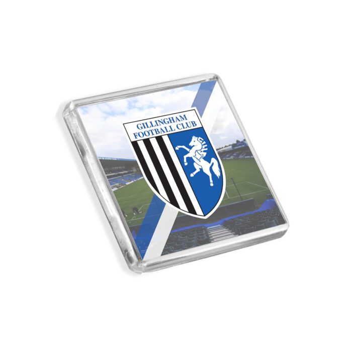 Plastic Gillingham fridge magnet on a white background