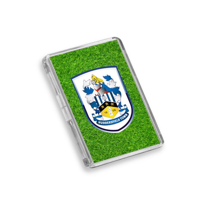 Plastic Huddersfield Town fridge magnet on a white background