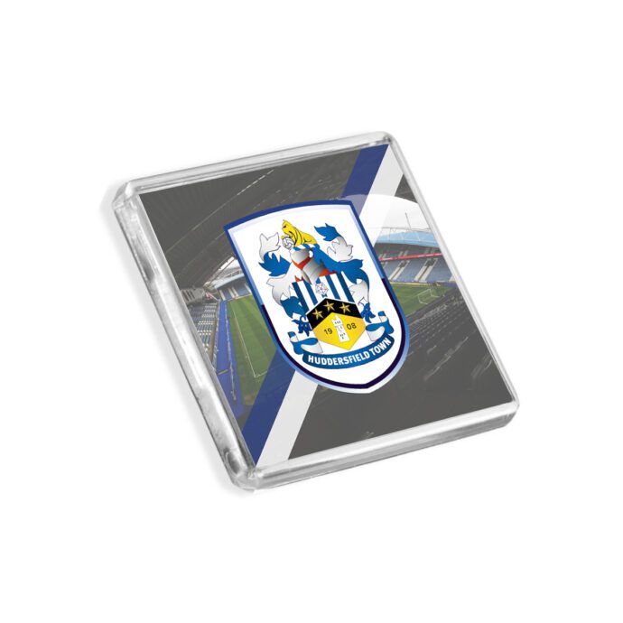 Plastic Huddersfield Town fridge magnet on a white background