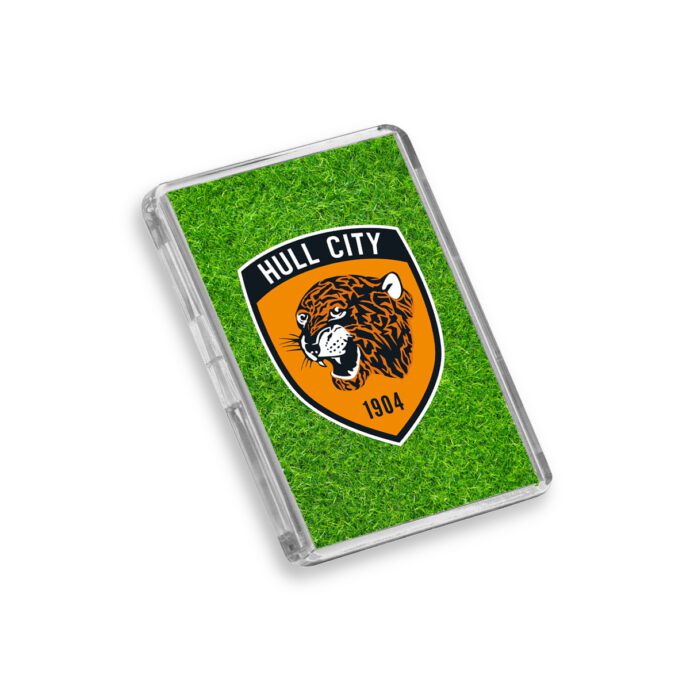 Plastic Hull City fridge magnet on a white background