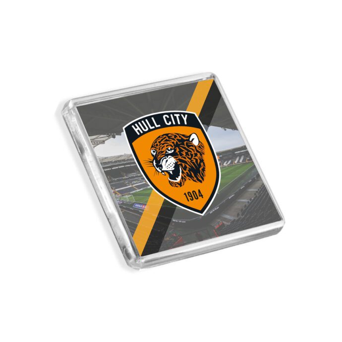 Plastic Hull City fridge magnet on a white background