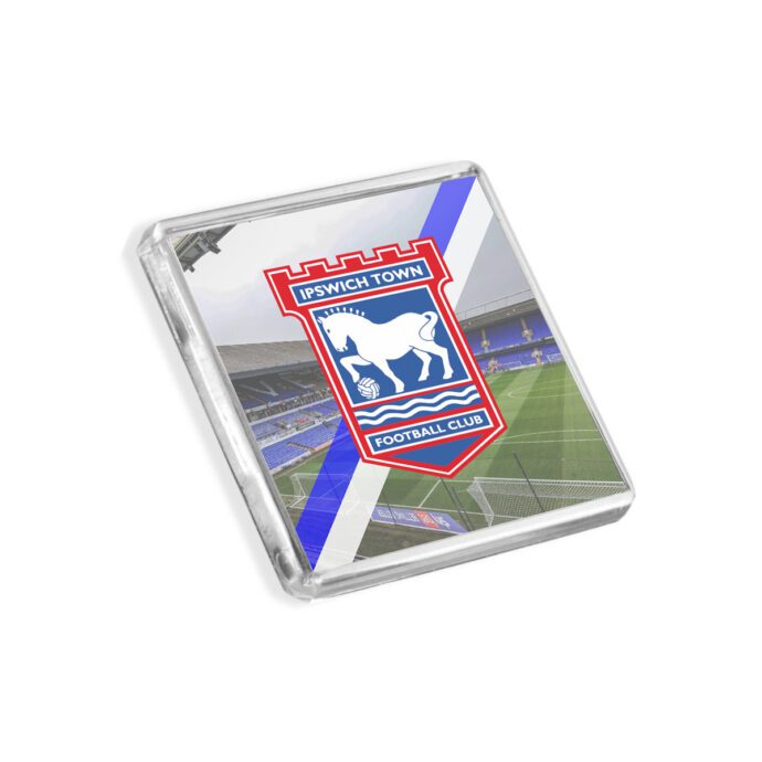 Plastic Ipswich Town fridge magnet on a white background