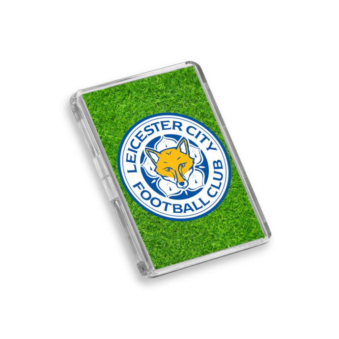 Plastic Leicester City fridge magnet on a white background