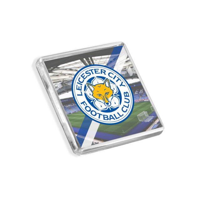 Plastic Leicester City fridge magnet on a white background