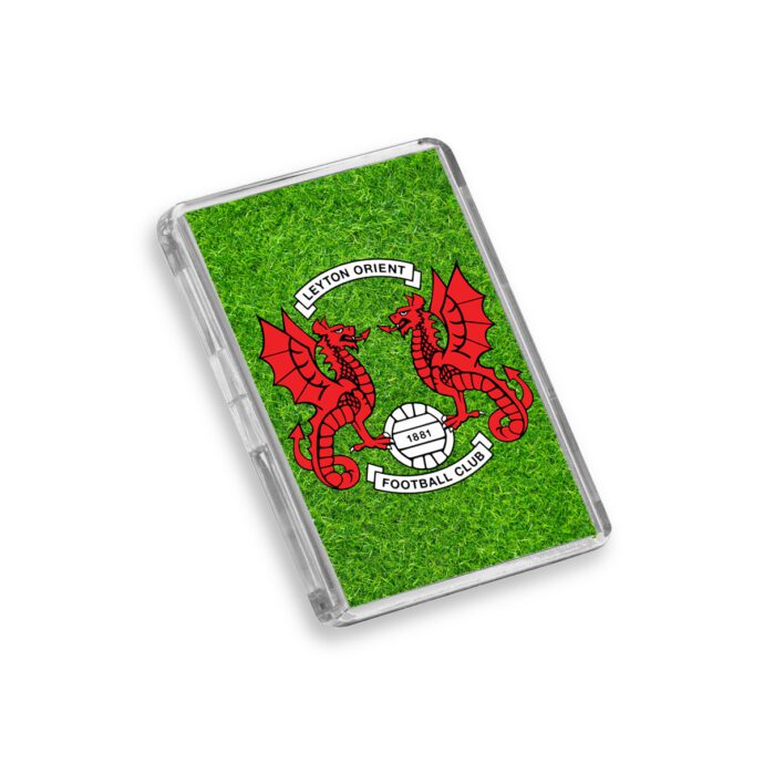 Plastic Leyton Orient fridge magnet on a white background