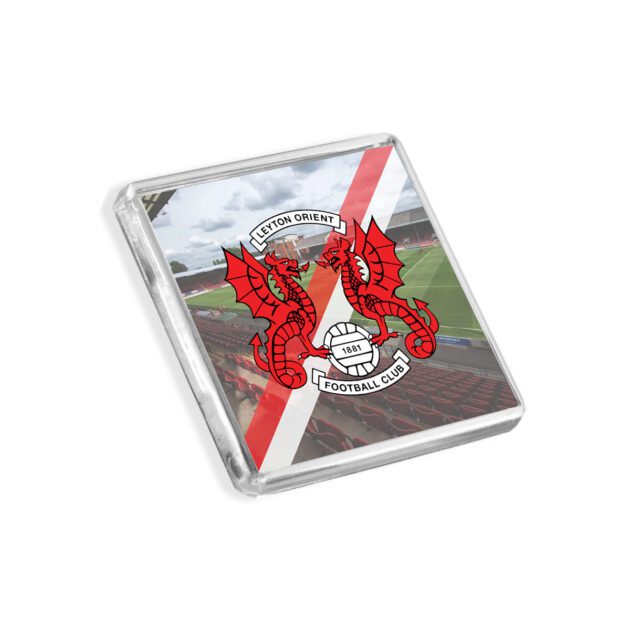 Plastic Leyton Orient fridge magnet on a white background