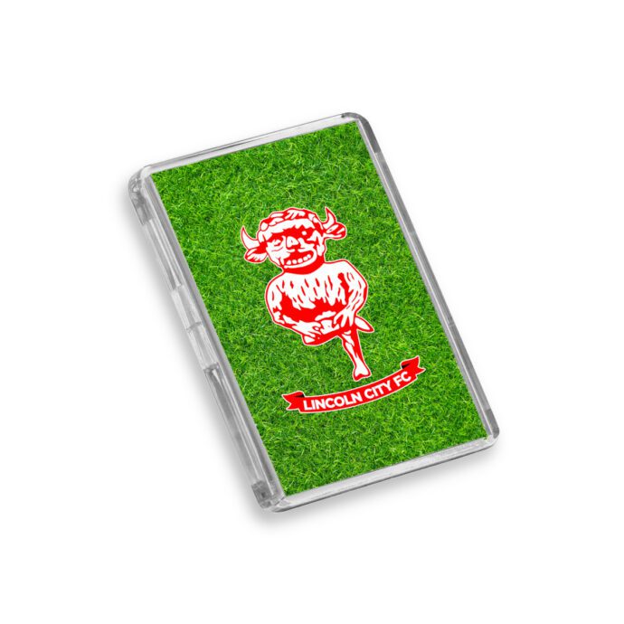 Plastic Lincoln City fridge magnet on a white background