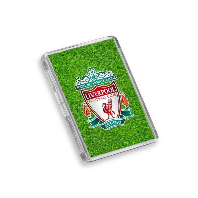 Plastic Liverpool fridge magnet on a white background