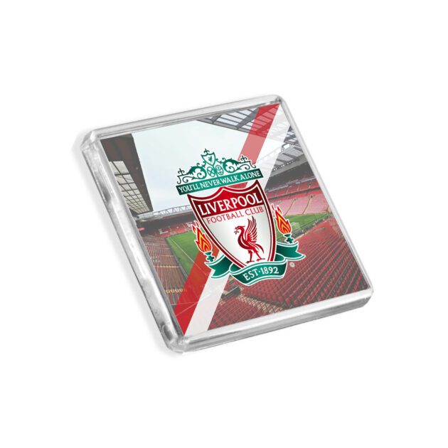 Plastic Liverpool fridge magnet on a white background