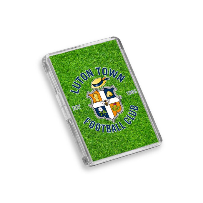 Plastic Luton Town fridge magnet on a white background