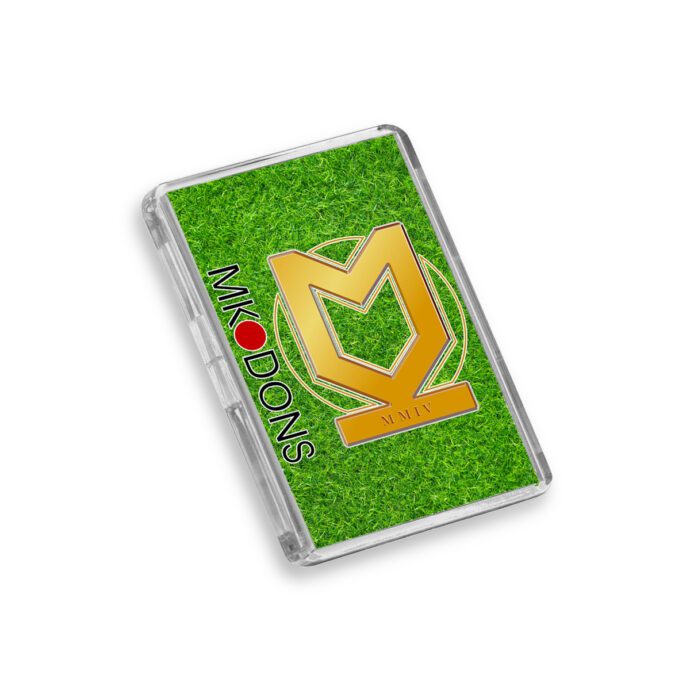 Plastic MK Dons fridge magnet on a white background