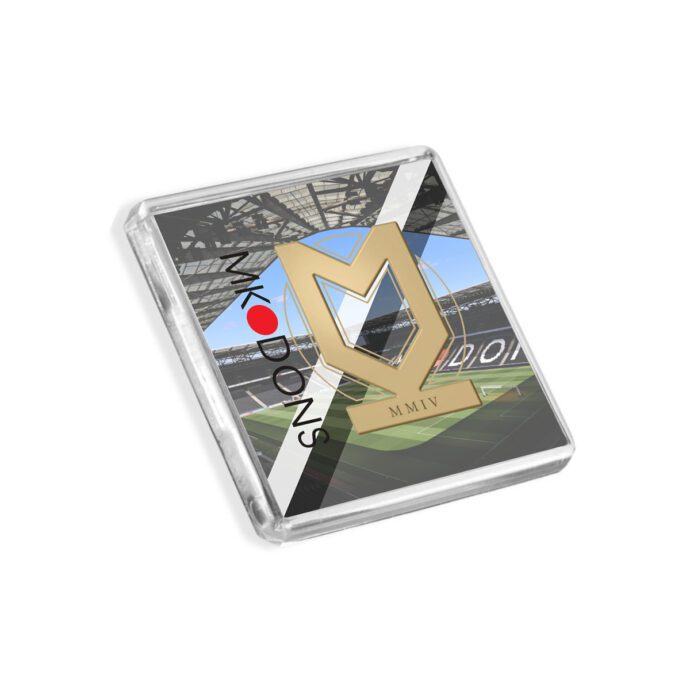 Plastic MK Dons fridge magnet on a white background