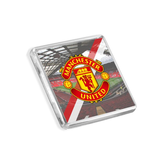 Plastic Manchester United fridge magnet on a white background