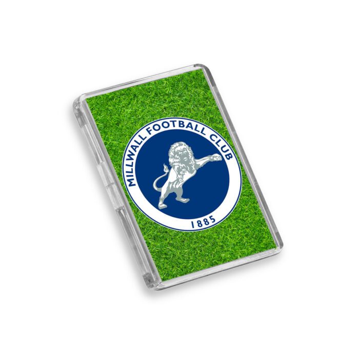 Plastic Millwall fridge magnet on a white background