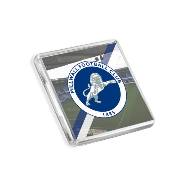 Plastic Millwall fridge magnet on a white background