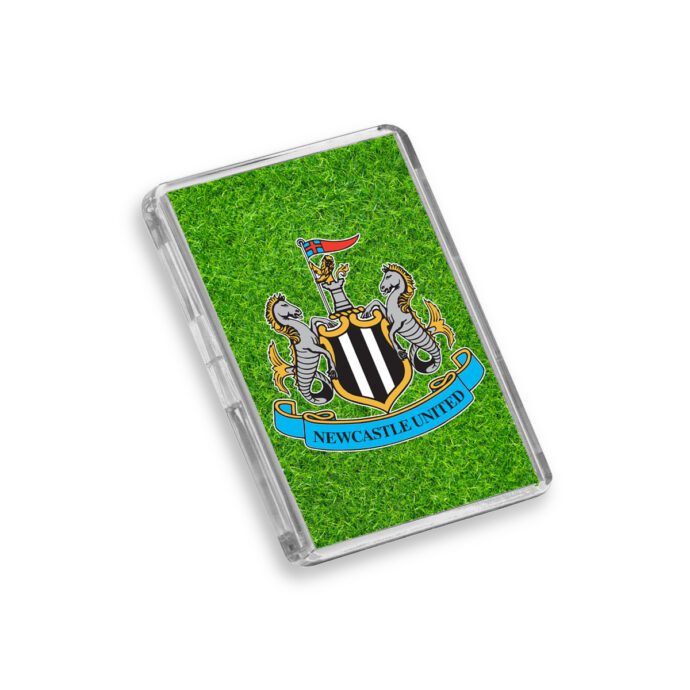 Plastic Newcastle United fridge magnet on a white background