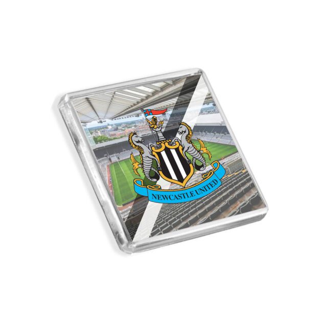 Plastic Newcastle United fridge magnet on a white background