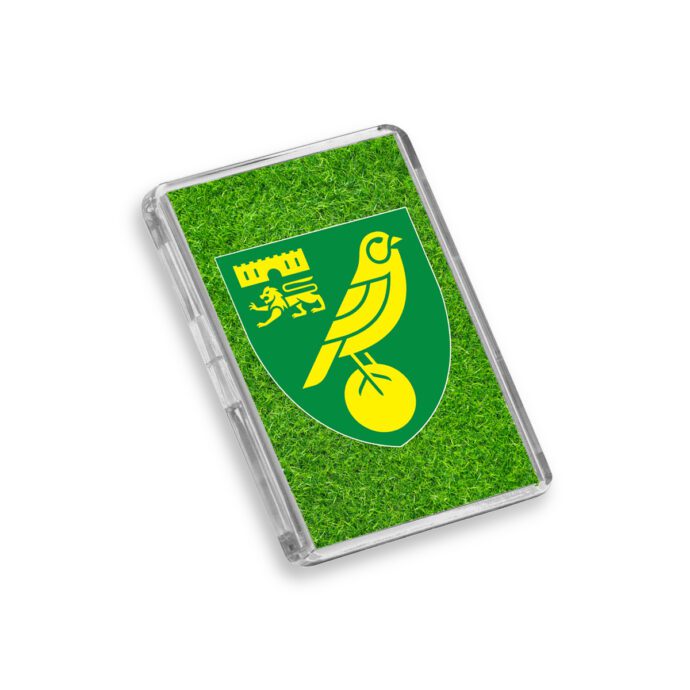 Plastic Norwich City fridge magnet on a white background