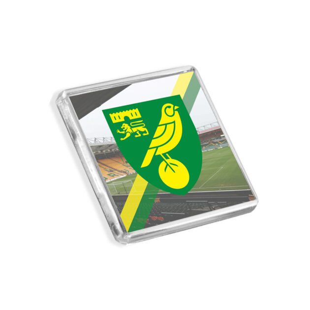 Plastic Norwich City fridge magnet on a white background