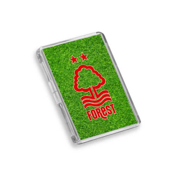 Plastic Nottingham Forest fridge magnet on a white background