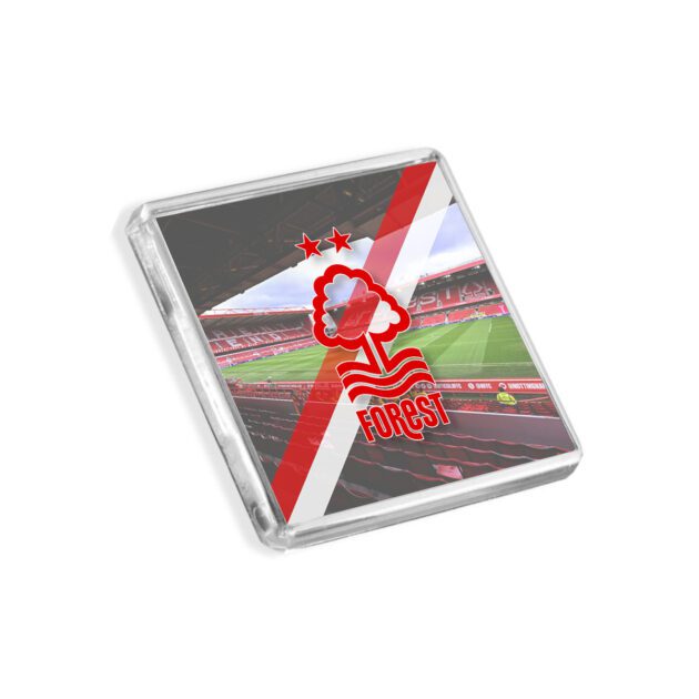 Plastic Nottingham Forest fridge magnet on a white background