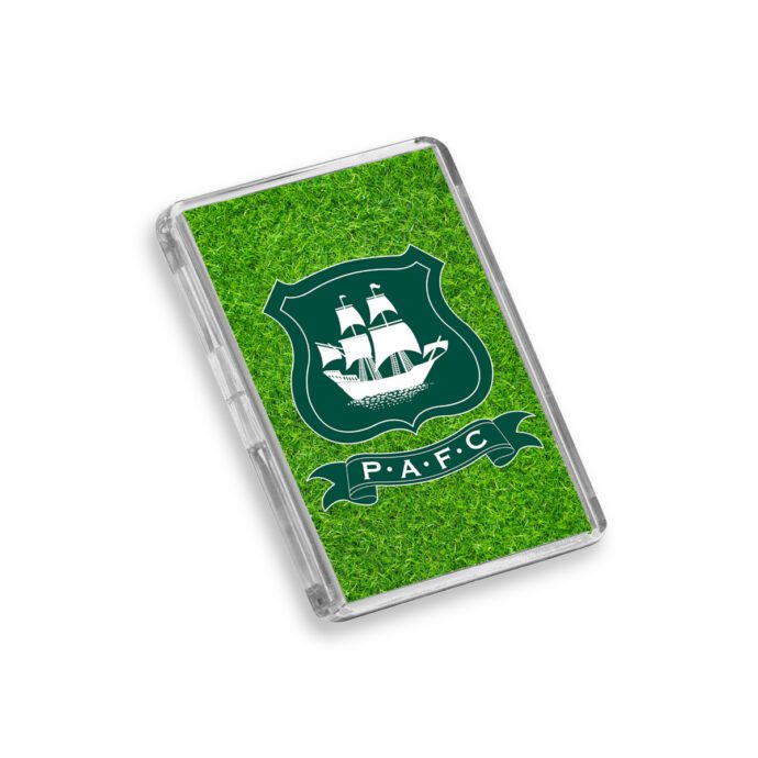 Plastic Plymouth Argyle fridge magnet on a white background