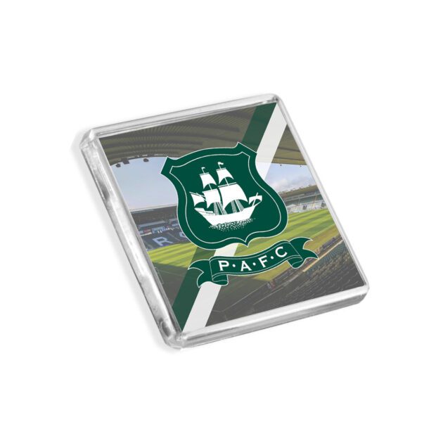 Plastic Plymouth Argyle fridge magnet on a white background