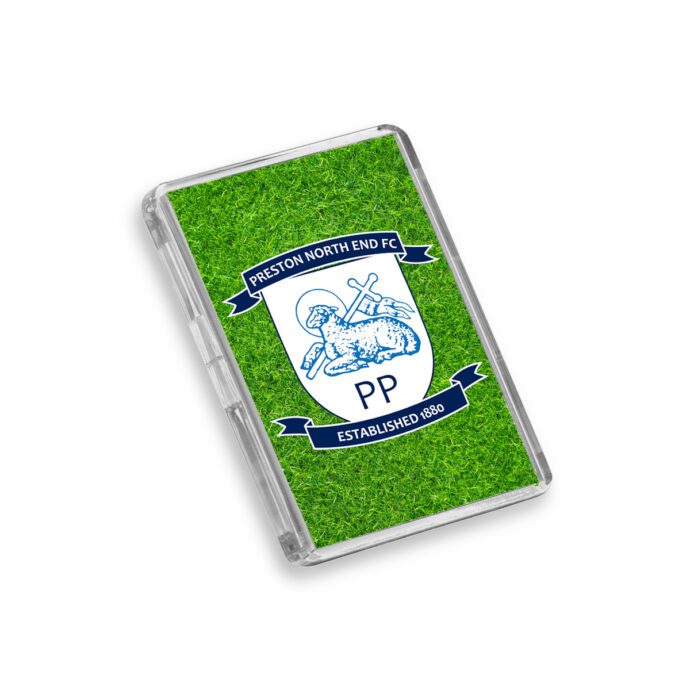 Plastic Preston North End fridge magnet on a white background