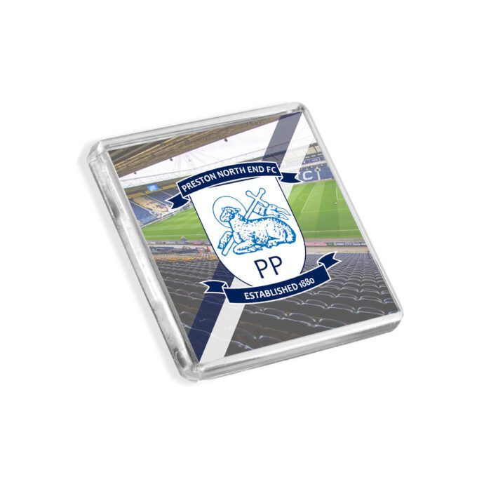 Plastic Preston North End fridge magnet on a white background