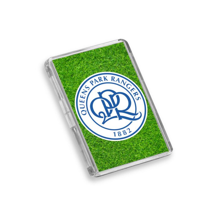 Plastic QPR fridge magnet on a white background