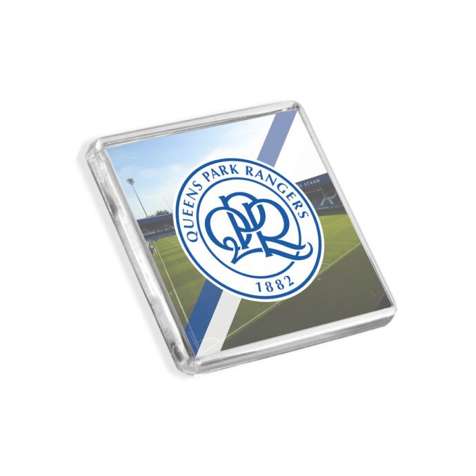 Plastic QPR fridge magnet on a white background