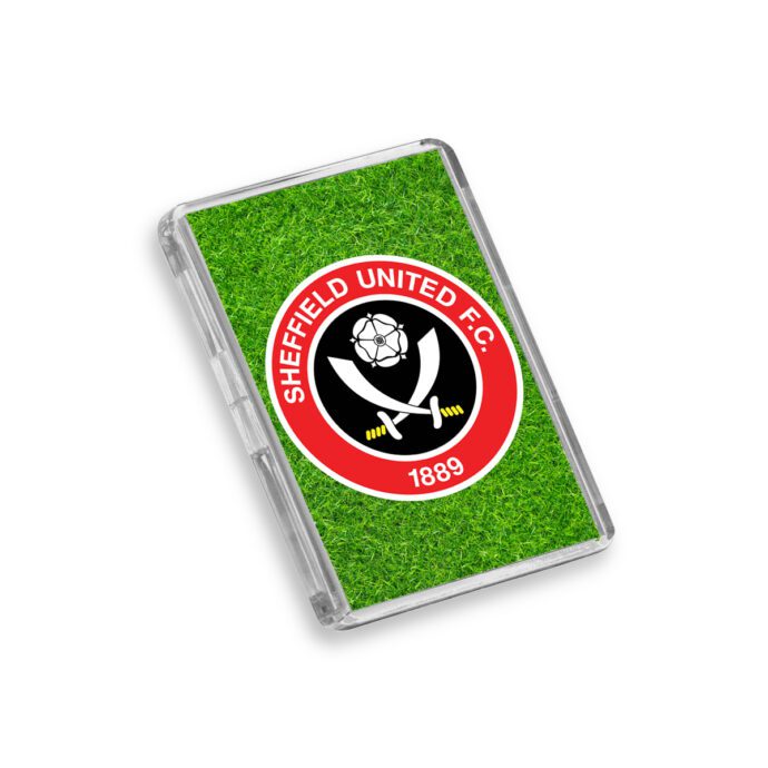 Plastic Sheffield United fridge magnet on a white background