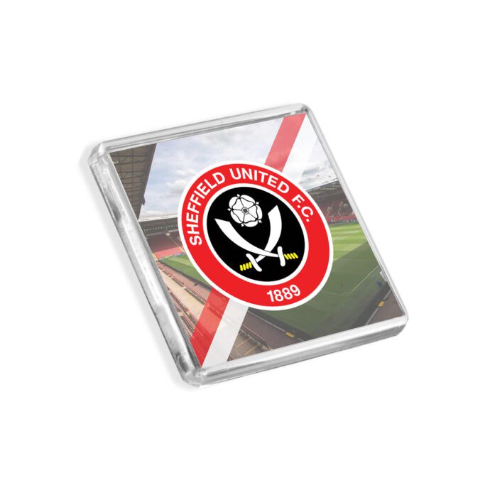 Plastic Sheffield United fridge magnet on a white background