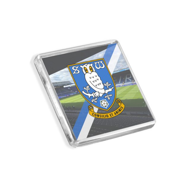 Plastic Sheffield Wednesday fridge magnet on a white background