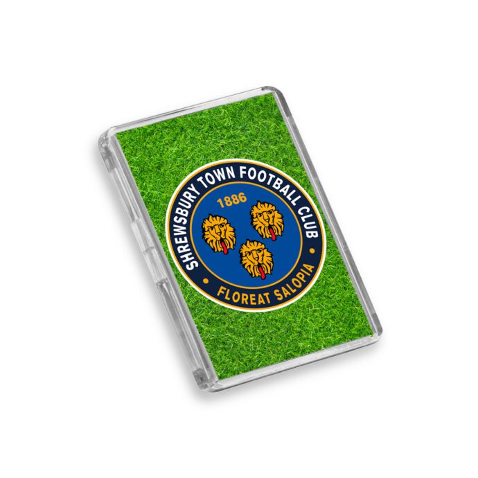 Plastic Shrewsbury Town fridge magnet on a white background