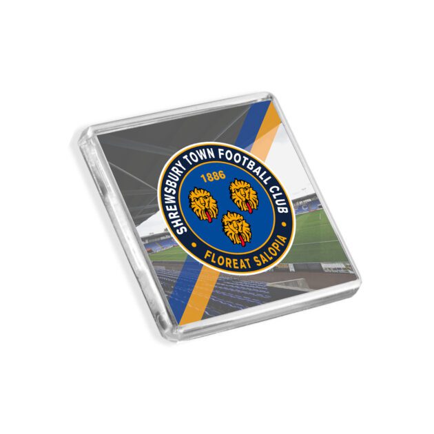 Plastic Shrewsbury Town fridge magnet on a white background