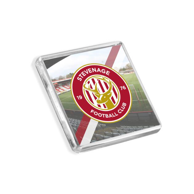 Plastic Stevenage fridge magnet on a white background