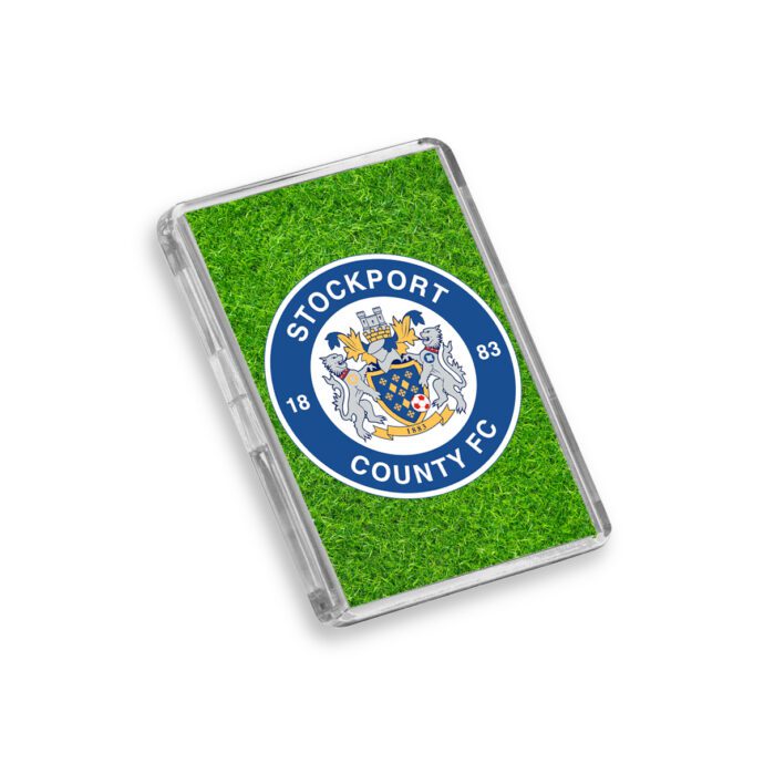 Plastic Stockport County fridge magnet on a white background