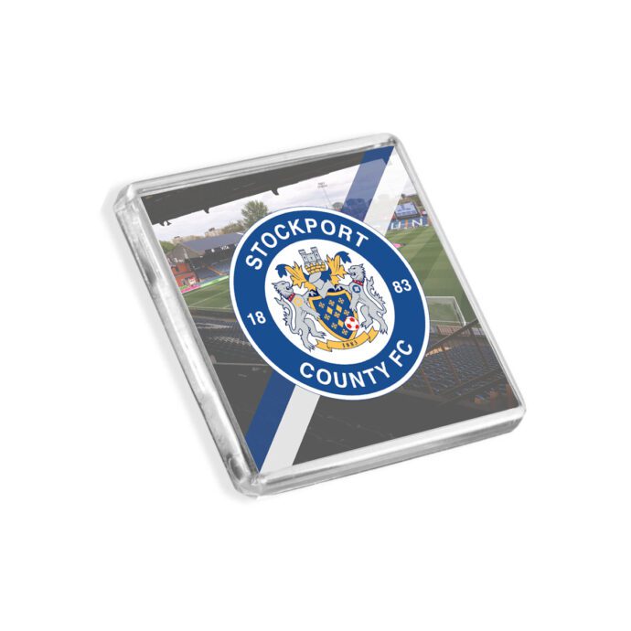 Plastic Stockport County fridge magnet on a white background