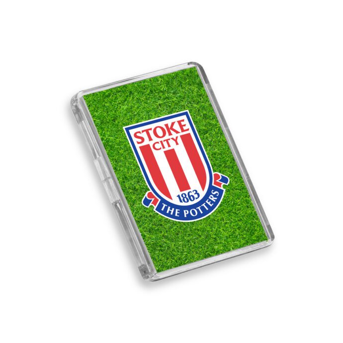 Plastic Stoke City fridge magnet on a white background