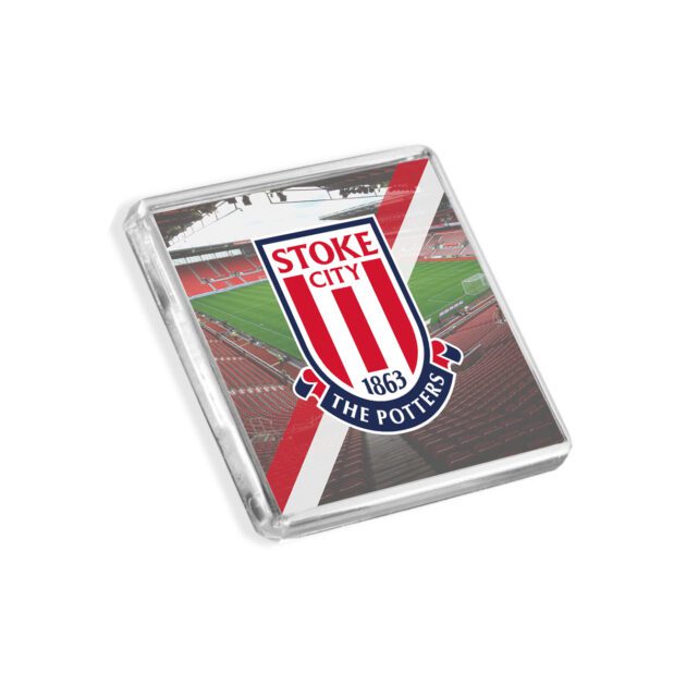 Plastic Stoke City fridge magnet on a white background