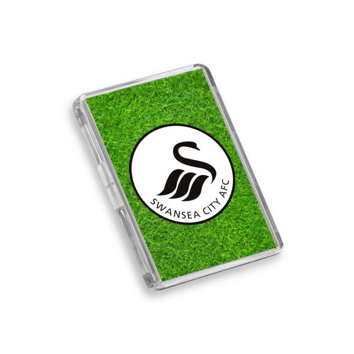 Plastic Swansea City fridge magnet on a white background