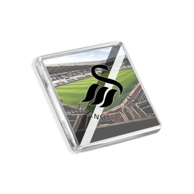 Plastic Swansea City fridge magnet on a white background