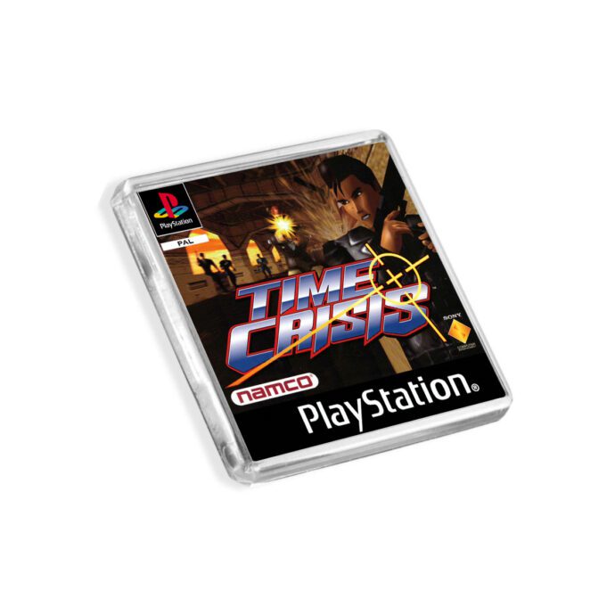 Plastic Time Crisis PS1 fridge magnet on a white background