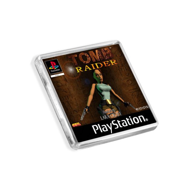 Plastic Tomb Raider PS1 fridge magnet on a white background