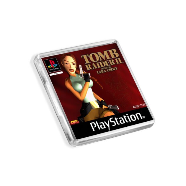 Plastic Tomb Raider 2 PS1 fridge magnet on a white background