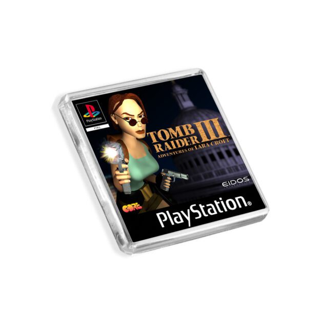 Plastic Tomb Raider 3 PS1 fridge magnet on a white background